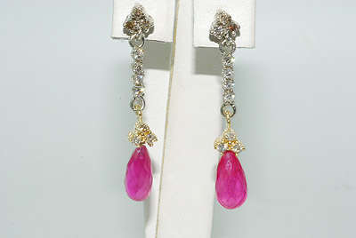 R43000 - 7.68CT RUBY/DIAMOND/COGNAC DIAMOND DANGLE EARRINGS