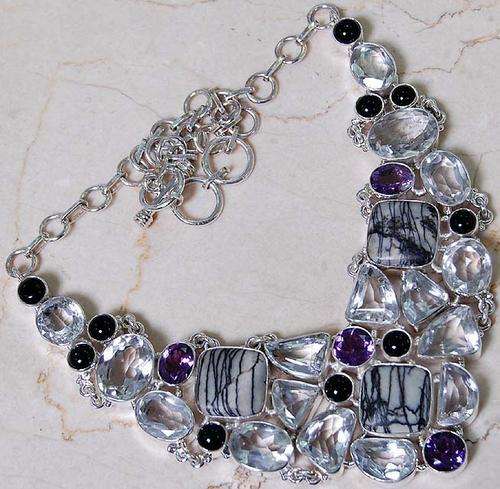 STUNNING 250CT WHITE TOPAZ, AMETHYST, PICASSO JASPER & BLACK ONYX STERLING SILVER NECKLACE