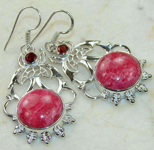 STUNNING HOT PINK RHODOCHROSITE & GARNET EARRINGS
