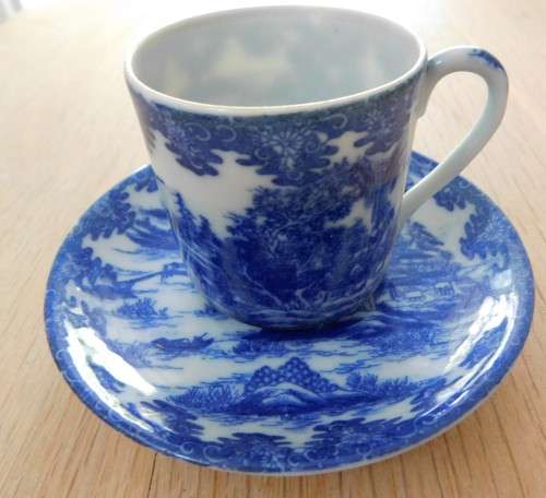 Oriental blue and white eggshell espresso cup and saucer