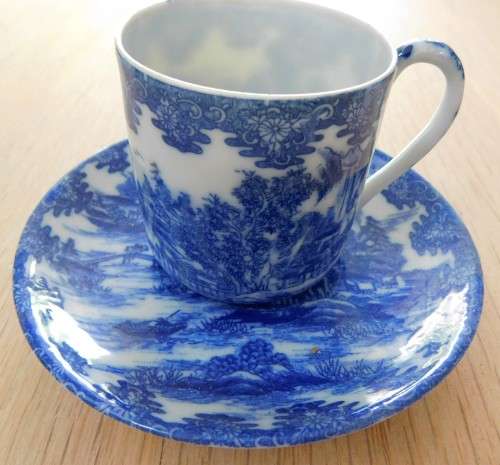 Oriental blue and white eggshell espresso cup and saucer