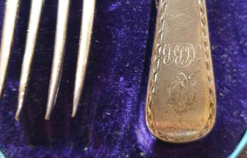 Sterling Spoon & Fork set in original case (latch does not catch) - George Aldwinckle - late 1800`s