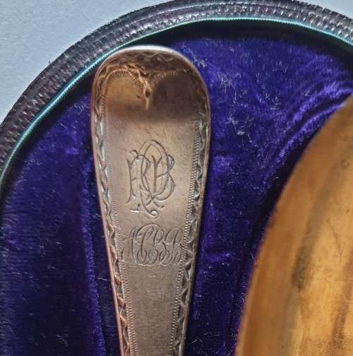 Sterling Spoon & Fork set in original case (latch does not catch) - George Aldwinckle - late 1800`s