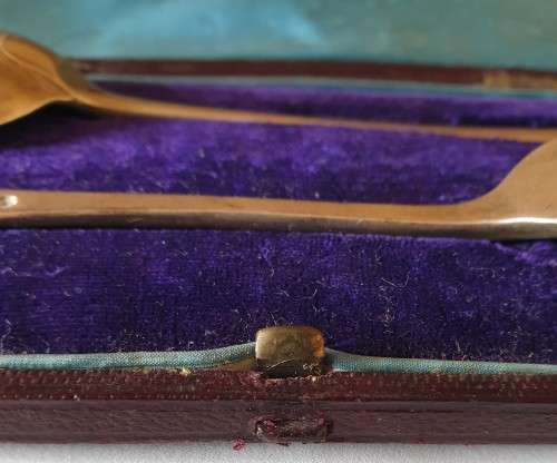 Sterling Spoon & Fork set in original case (latch does not catch) - George Aldwinckle - late 1800`s