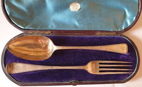 Sterling Spoon & Fork set in original case (latch does not catch) - George Aldwinckle - late 1800`s