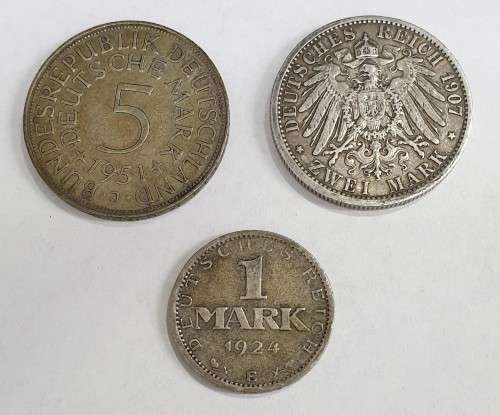 GERMAN - 3 silver coins as 1 lot: 1924 1 mark, 1907 zwei mark, 1951 5 mark