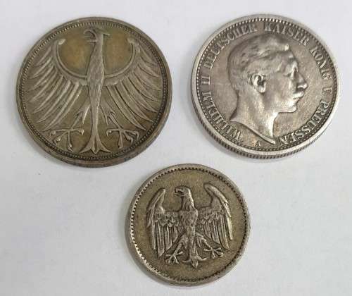 GERMAN - 3 silver coins as 1 lot: 1924 1 mark, 1907 zwei mark, 1951 5 mark