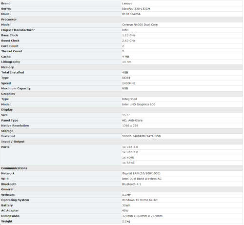 Lenovo IdeaPad 330-IGM Intel Celeron 500GB 15.6` Notebook - Platinum Grey