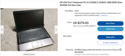 [Retail: R5000] i3 HP 650 Black & Silver Laptop | R30 Standard Shipping