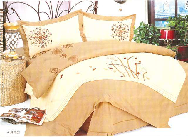 Cream and Sand Imported 6 Piece Embroidered Queen Size Duvet Cover Set.