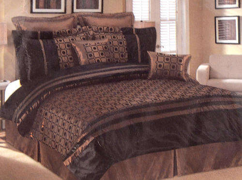 ! FIRST ON BID OR BUY !   8 - PIECE SILK COMFORTER SET - QUEEN SIZE - BROWN AND BLACK
