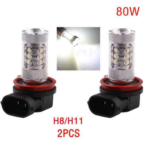2 x H11 16SMD 3030 80W 6500K-7000K White Light LED Bulb For Foglight DC12-24V - Silver White