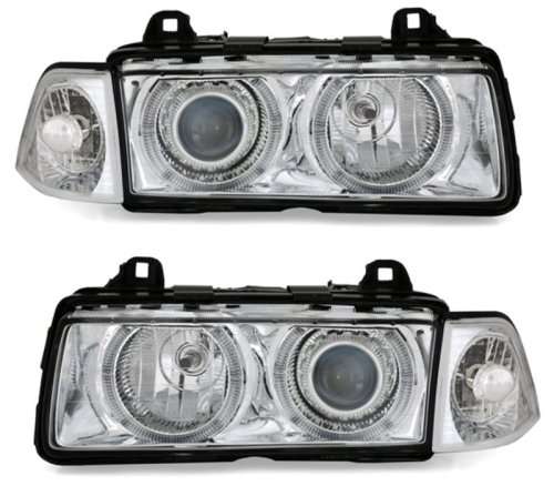 Bmw E36 Led Angel Eye Ring With Projector In Crystal Chrome 1990-2000 Headlight Set