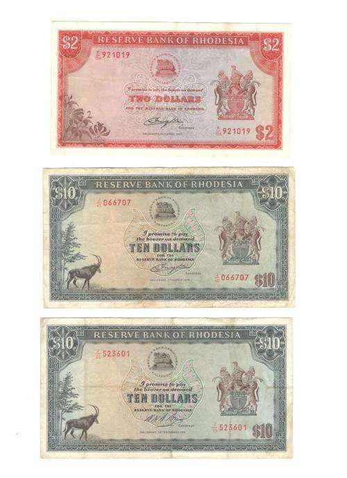 7x Southern Rhodesian Bank Notes (1970's)