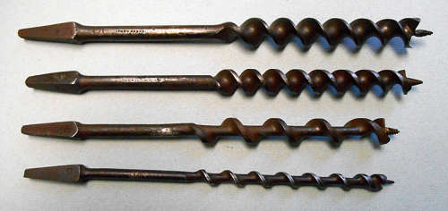 Lot of 4 vintage drill bits, various, all marked.