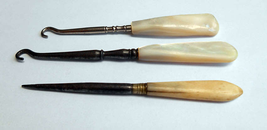 Antique / Vintage sewing tools, two button hooks and awl.
