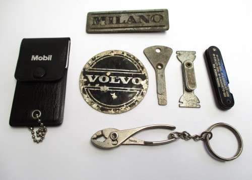 Lot -- Automobile / Car related items - Volvo badge / Milano badge / feeler guages and key chains.