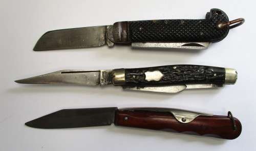 Vintage knife lot >> Watts Sheffield 1940 / Okapi Germany / IXL GEORGE WOSTENHOLM -well used knives