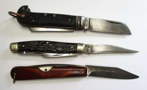 Vintage knife lot >> Watts Sheffield 1940 / Okapi Germany / IXL GEORGE WOSTENHOLM -well used knives