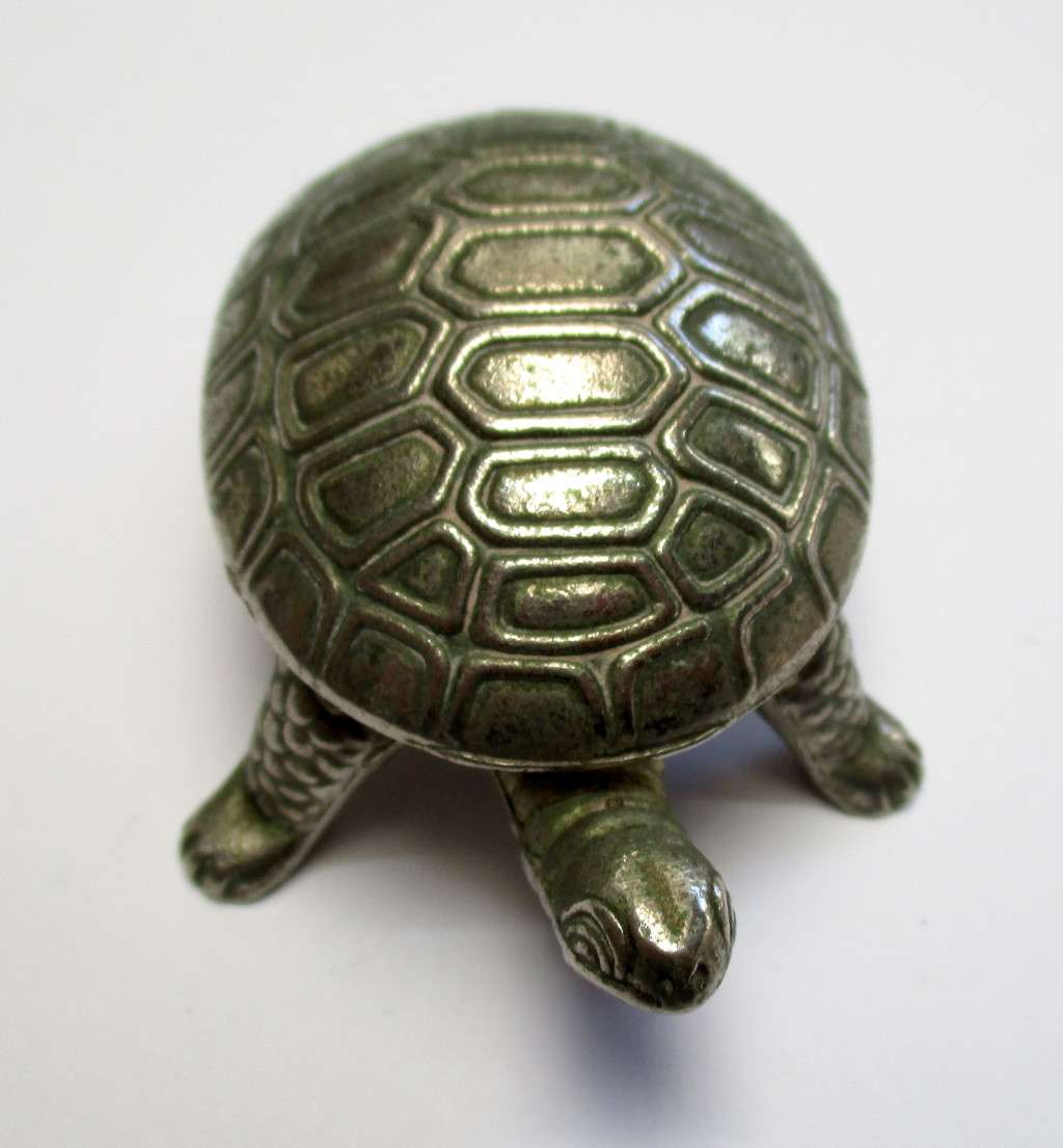 Vintage metal Tortoise shaped salt container / trinkets - hinged lid