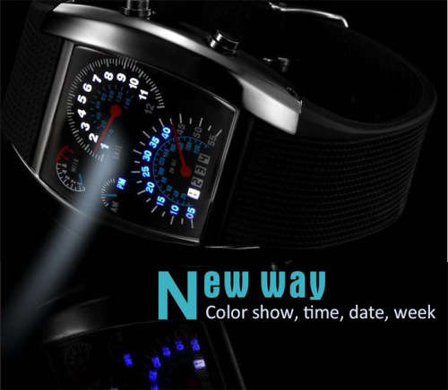 Blue LED Car Watch with Arch Dial and Silicon Watch Band   -  BLACK