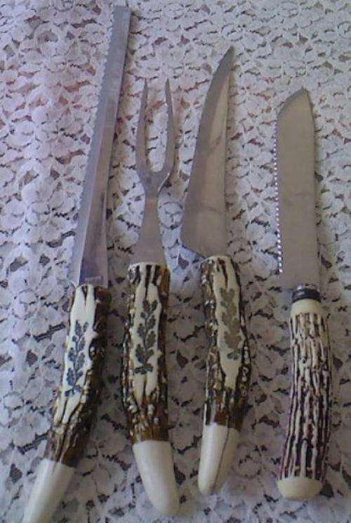VERY OLD 3-PIECE CARVING SET, + 1 EXTRA KNIFE