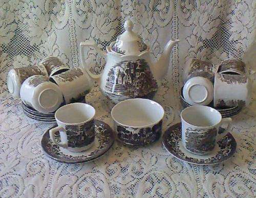 J&G MEAKIN BROWN 'STRATFORD STAGE' 25-pc TEA SET