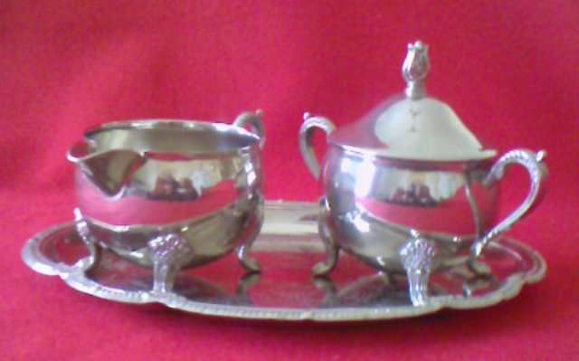 MATCHING SILVER PLATED CREAMER + SUGAR BOWL ON TRAY