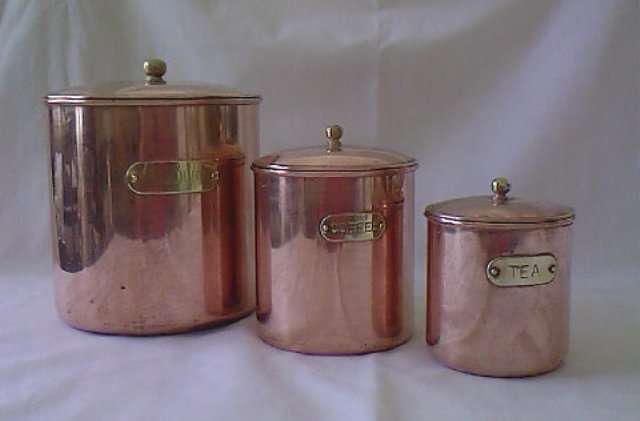 3 COPPER CANISTERS WITH BRASS KNOBS + PLAQUES