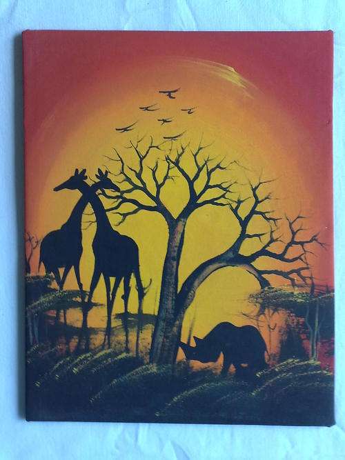 AFRICAN PAINTING Giraffe & Rhino - Acrylic Hand Painted Art *READY TO HANG* 33cm x 42cm