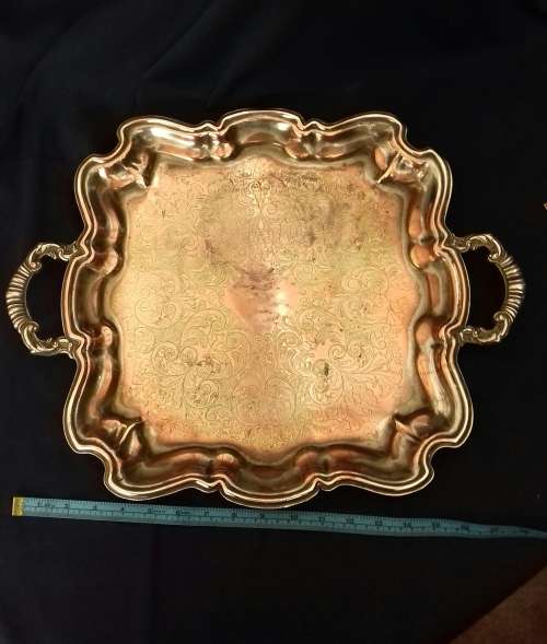 large emess silverplate on copper tray on bun feet