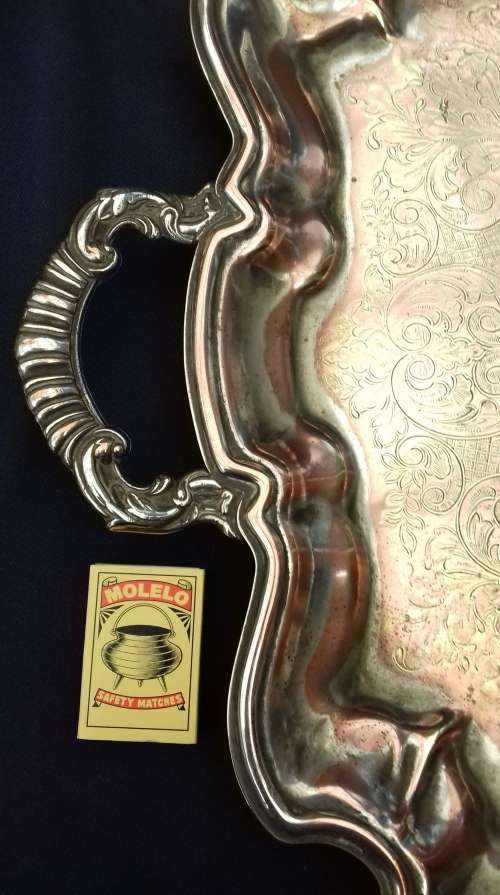large emess silverplate on copper tray on bun feet