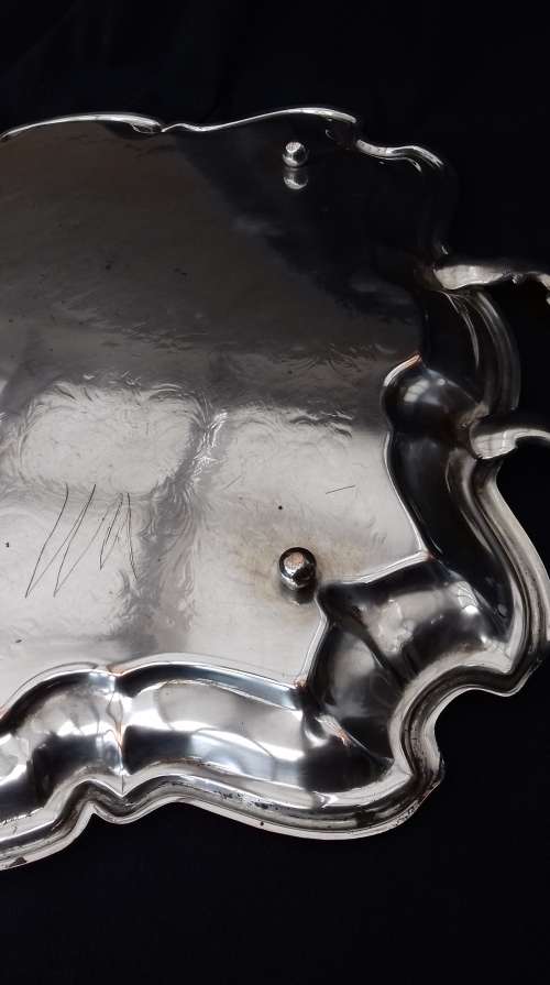 large emess silverplate on copper tray on bun feet