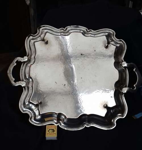large emess silverplate on copper tray on bun feet