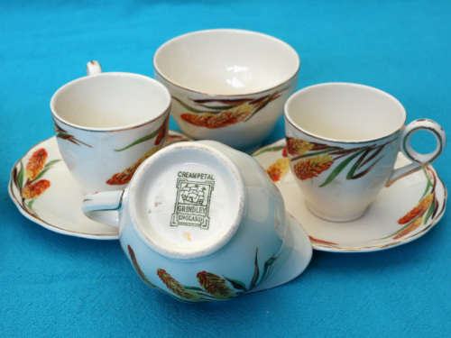 4 grindley cream petal demi tasse cups and saucers + jug + sugar bowl
