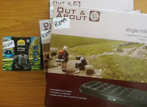 3 x Single bed Blow-up Mattresses / 1 x 12v Campmaster air pump and 1x Bush Baby lantern