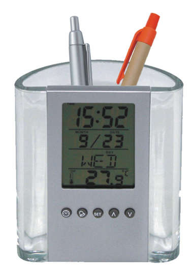 Pen Holder With Alarm Clock, Calendar And Thermometer
