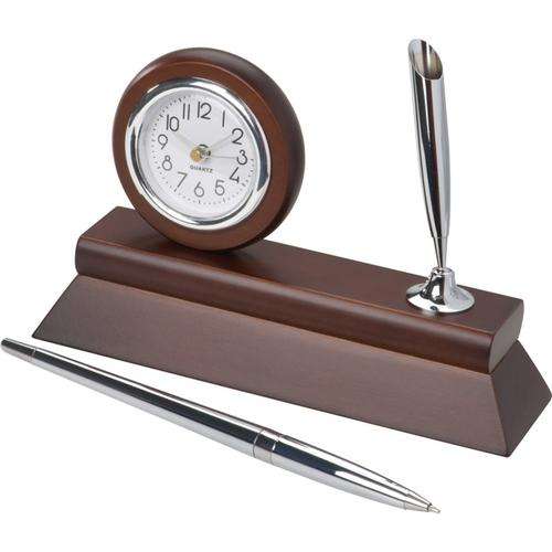 Wooden desk clock with pen holder and chromed ball pen