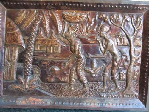 COPPER AFRICAN VILLAGE SCENE PLAQUE