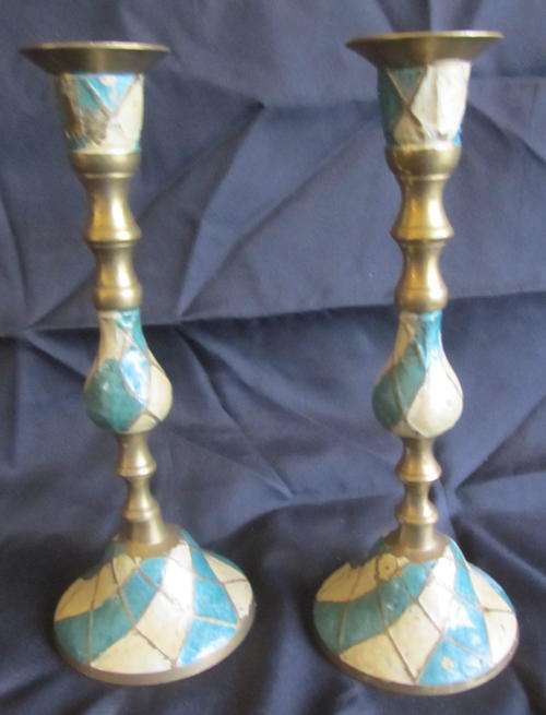 PAIR OF ENAMELLED BRASS CANDLESTICKS