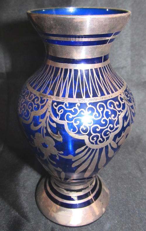 VENETIAN SILVER OVERLAY COBALT BLUE VASE