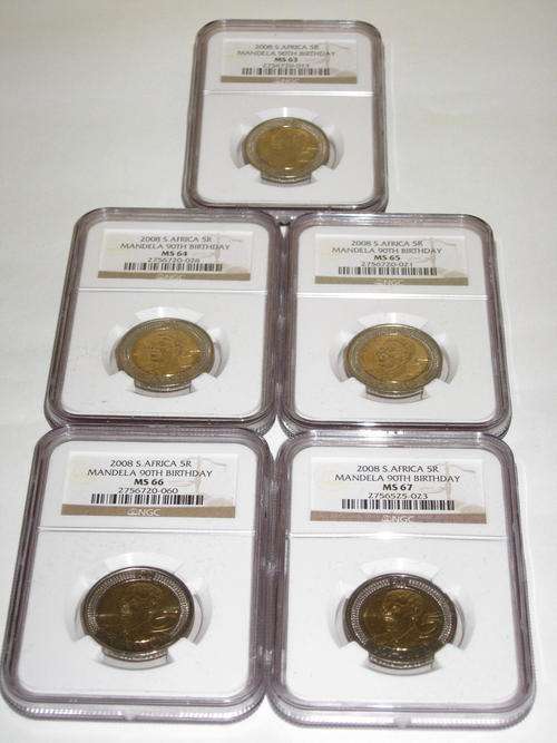 MANDELA 90th BIRTHDAY R5 NGC GRADED MS63, MS64, MS65, MS66 and MS67