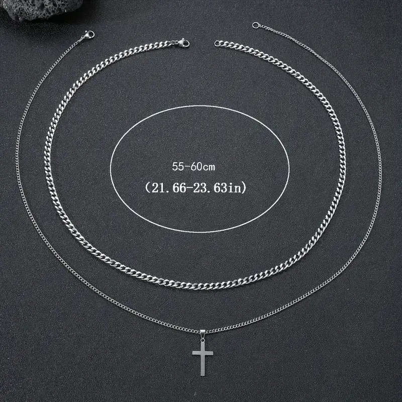 2pcs Simple Cross Pendant Stainless Steel Necklace, Thick Snake Chain And Side Chain Set