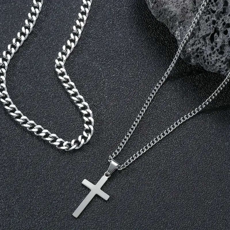 2pcs Simple Cross Pendant Stainless Steel Necklace, Thick Snake Chain And Side Chain Set