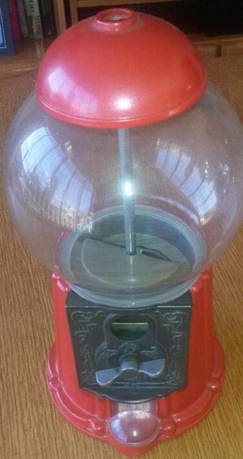 LARGE RED GLASS BALL BUBBLE GUM MACHINE- IN WORKING ORDER