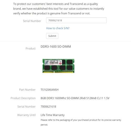 Transcend 8GB DDR3 1600Mhz SO-DIMM 2Rx8 512Mx8 CL11 1.5V (Bid per module. 2 available)