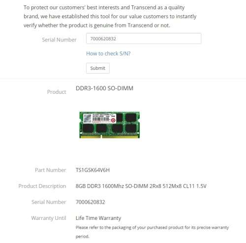 Transcend 8GB DDR3 1600Mhz SO-DIMM 2Rx8 512Mx8 CL11 1.5V (Bid per module. 2 available)
