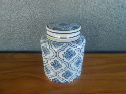Vintage Style Blue and White Jar with Lid