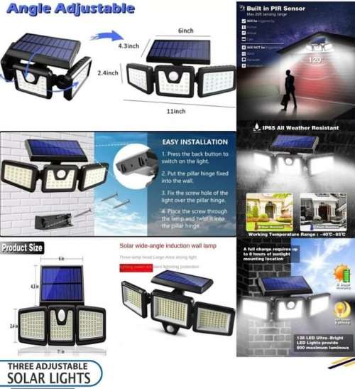 Super IP65 Waterproof 3 Heads Motion Sensor Solar Light - WITH REMOTE
