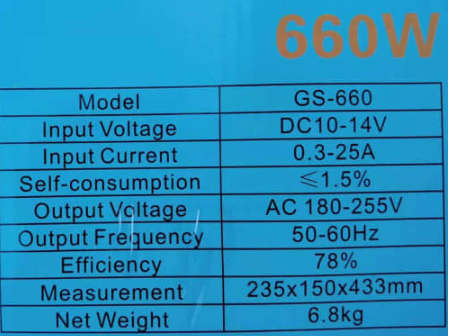 660W DC TO AC INVERTER With Recharge Function and Built in light
